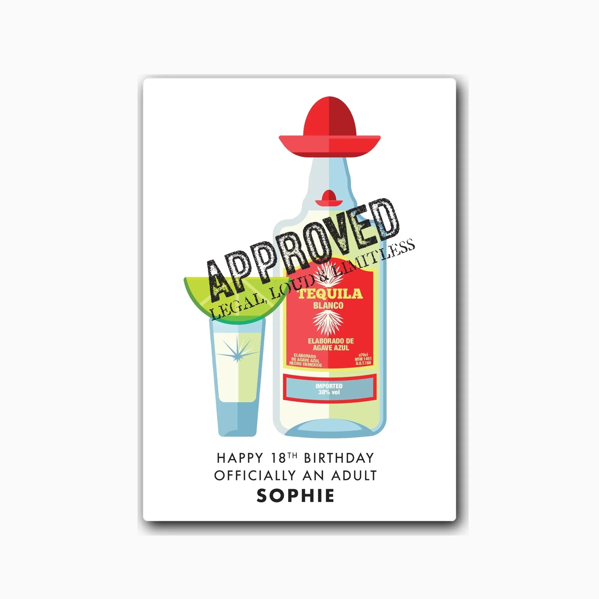 Personalised 18th birthday card showcasing tequila bottle artwork with lime – studio light
