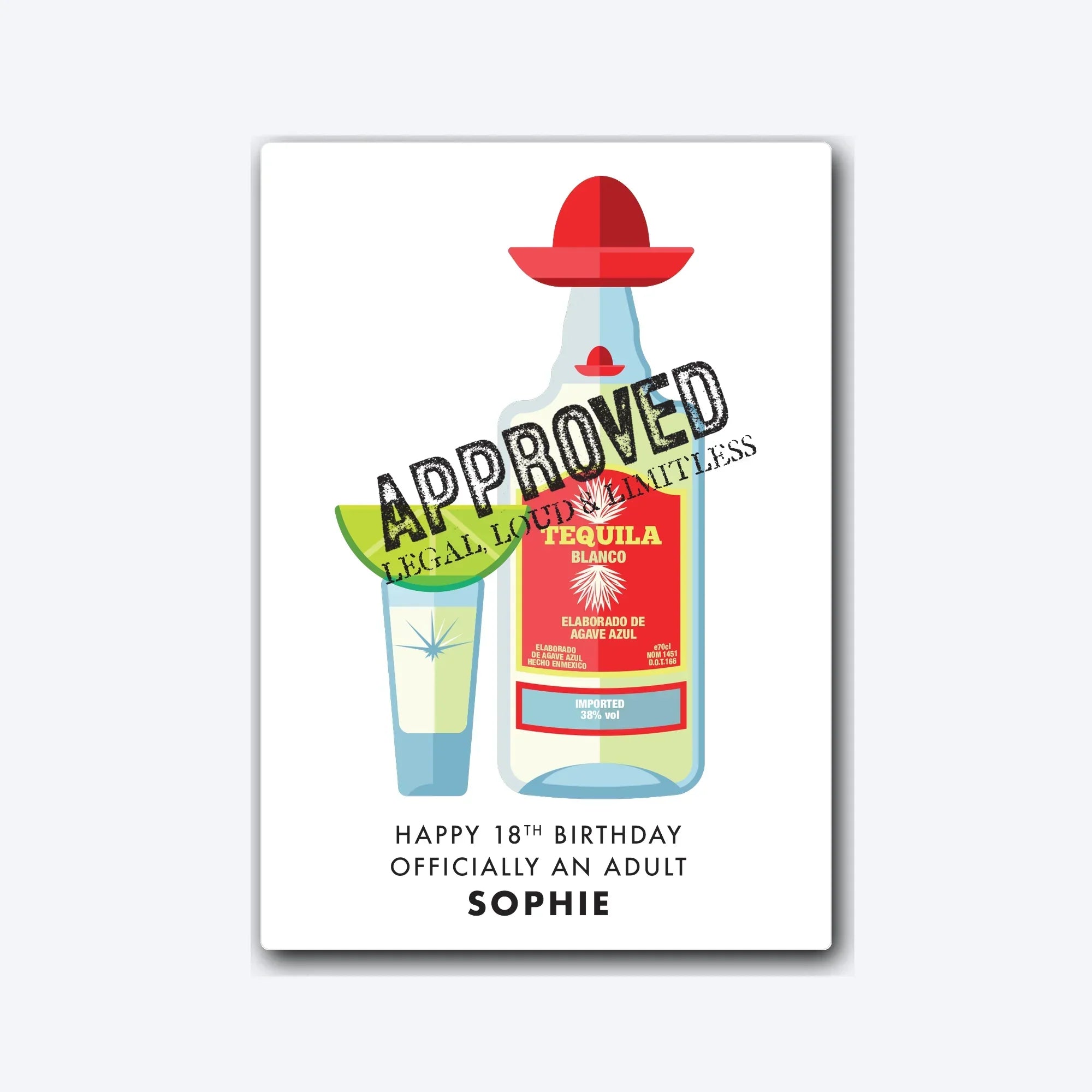 Personalised 18th birthday card showcasing tequila bottle artwork with lime – soft grey shadow