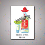 Personalised 18th birthday card showcasing tequila bottle artwork with lime – confetti celebration