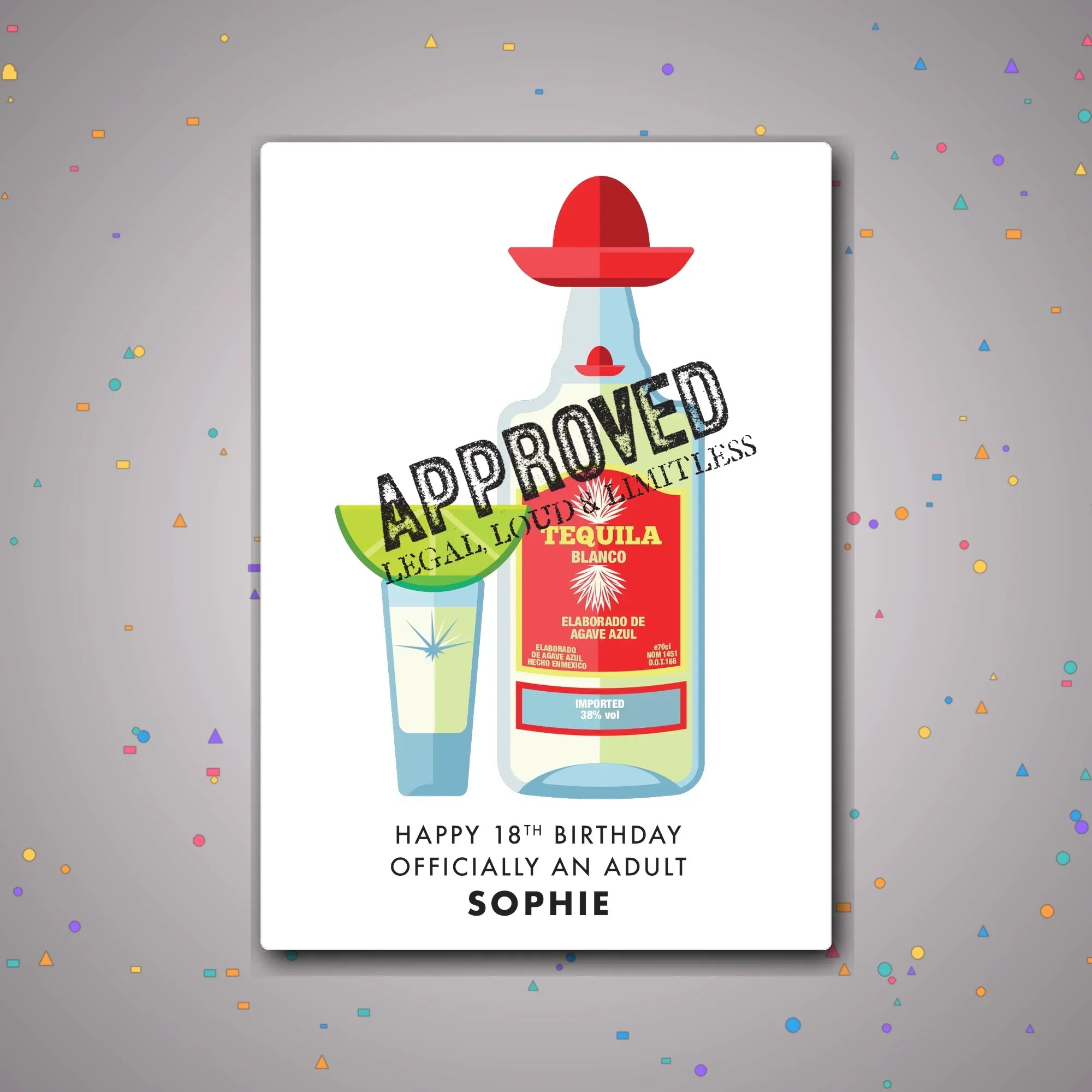 Personalised 18th birthday card showcasing tequila bottle artwork with lime – confetti celebration