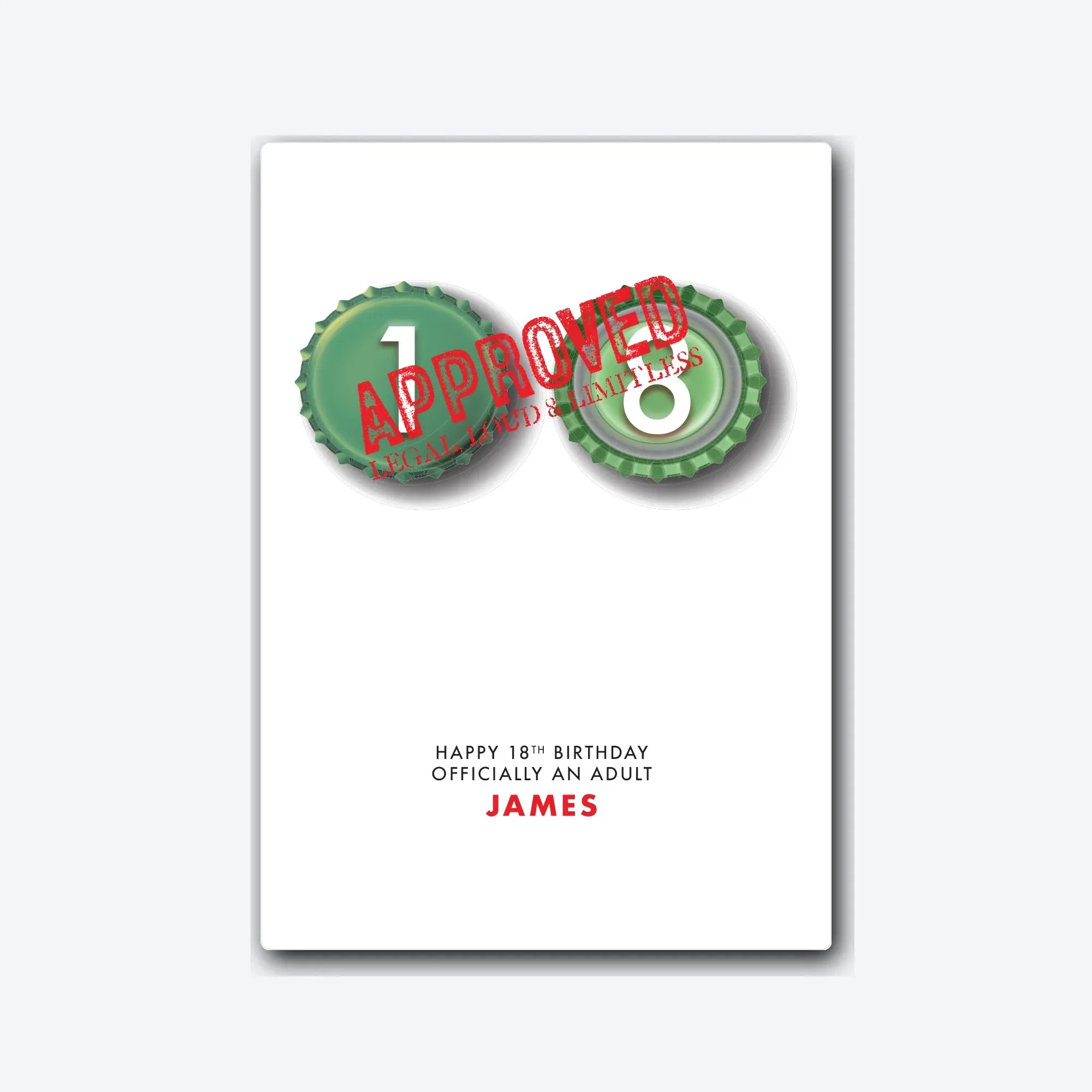 Personalised 18th birthday card with playful bottle-cap eyes illustration – soft grey shadow