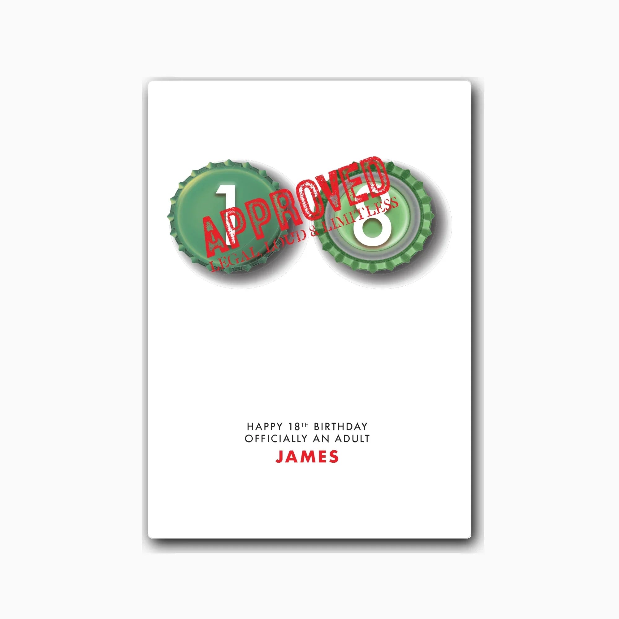 Personalised 18th birthday card featuring bottle-cap eyes design – studio light