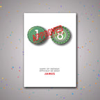 Personalised 18th birthday card featuring bottle-cap eyes design – confetti celebration
