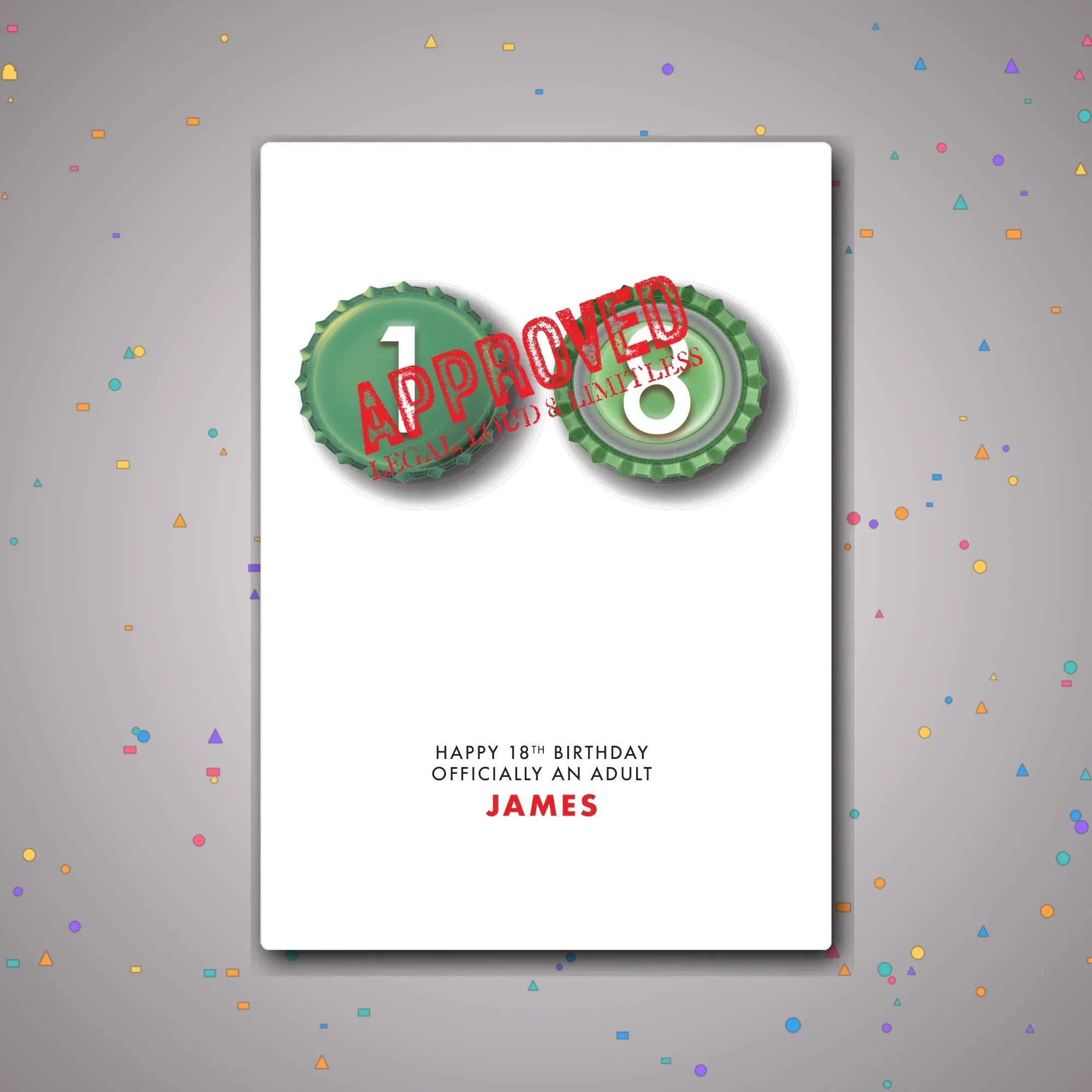 Personalised 18th birthday card featuring bottle-cap eyes design – confetti celebration