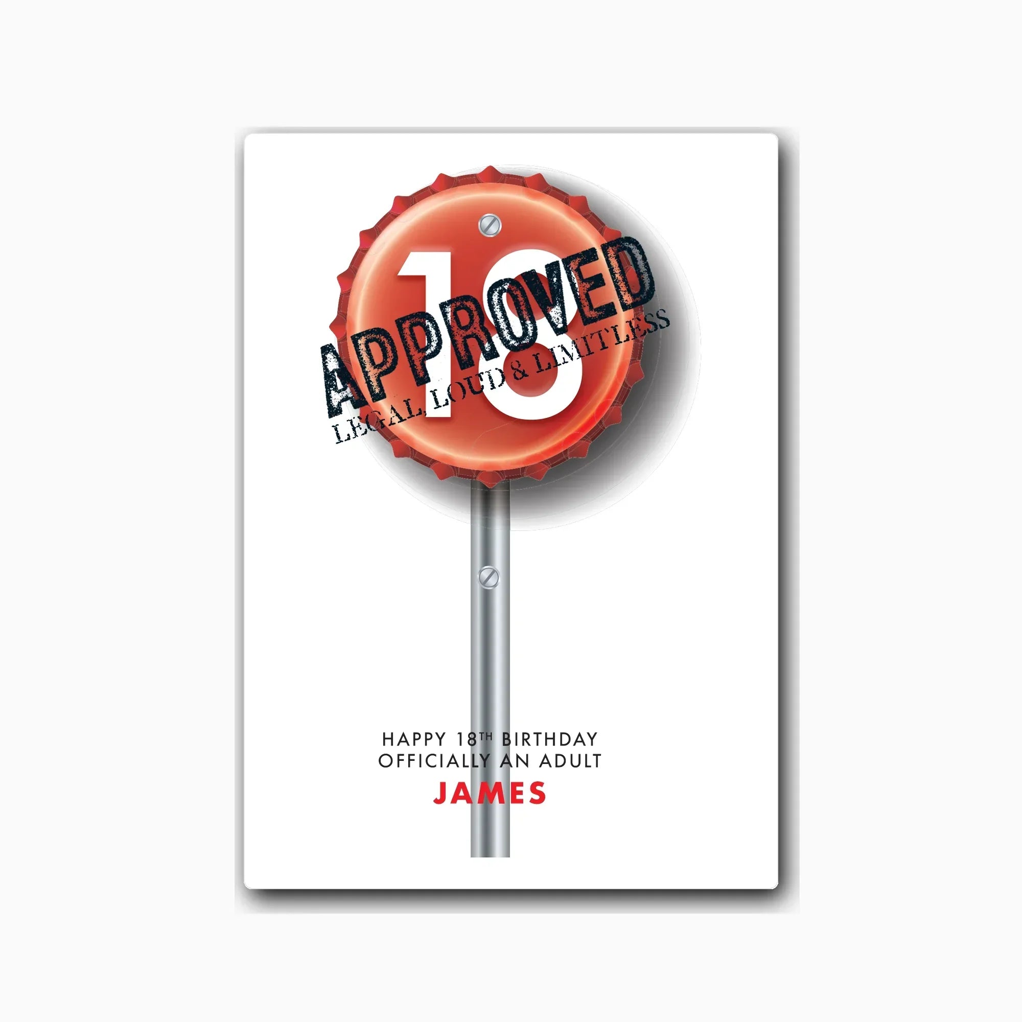 Personalised 18th birthday card with bottle-cap road sign graphic – studio light