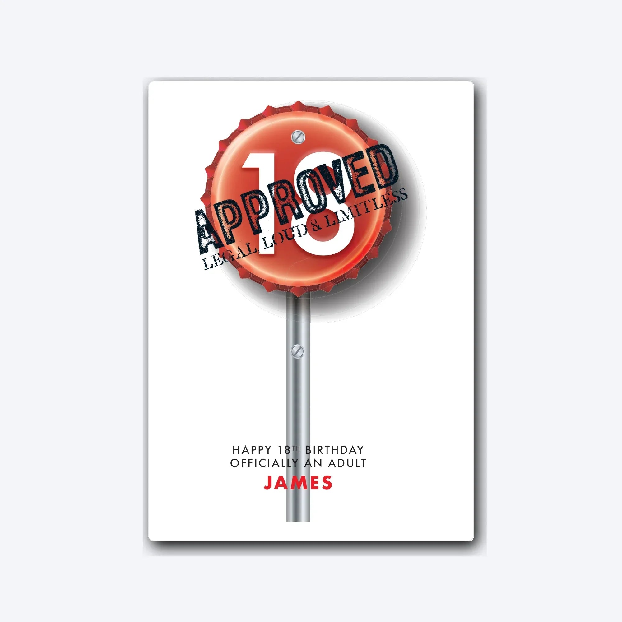 Personalised 18th birthday card with bottle-cap road sign graphic – soft grey shadow