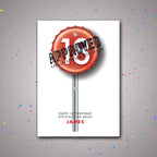 Personalised 18th birthday card with bottle-cap road sign graphic – confetti celebration
