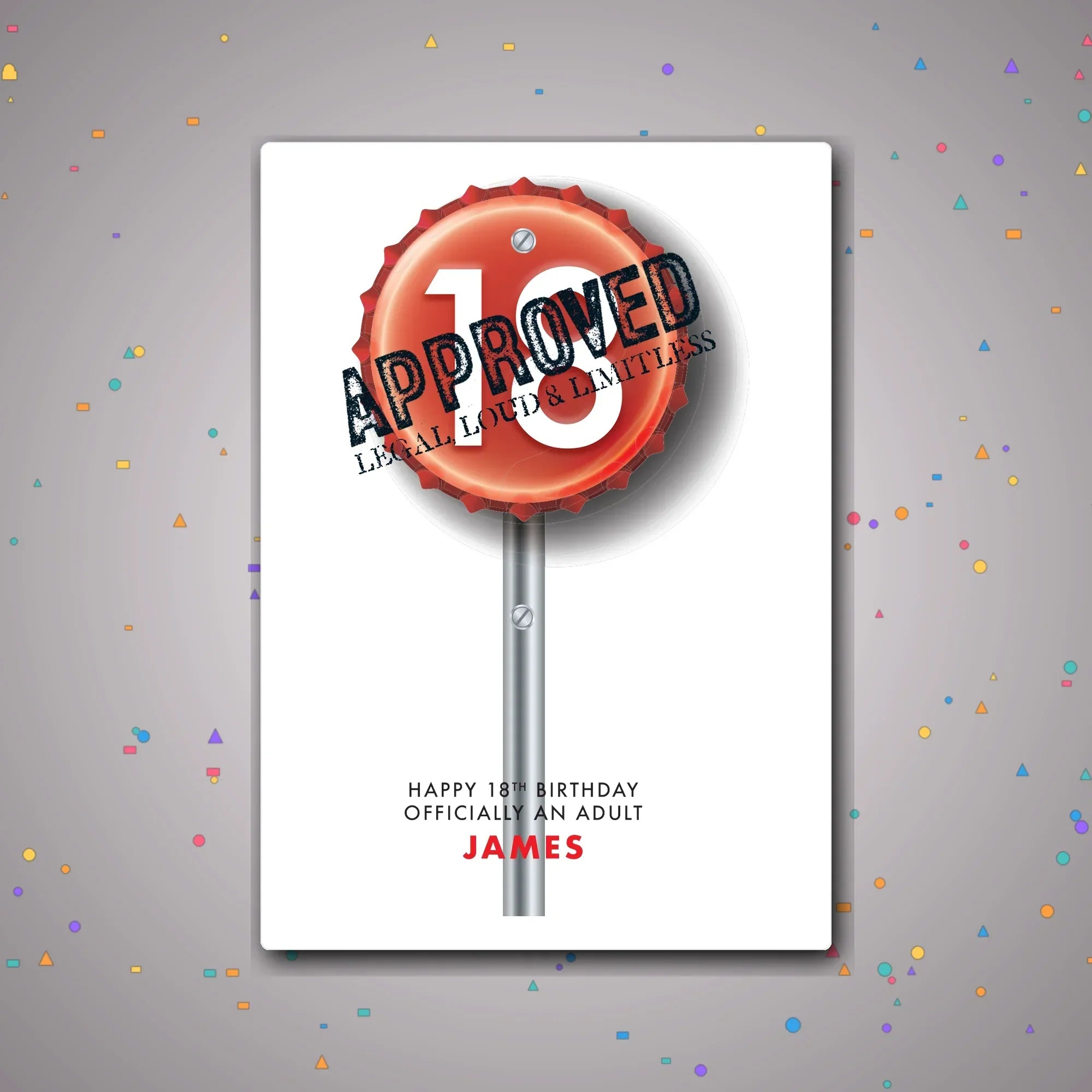 Personalised 18th birthday card with bottle-cap road sign graphic – confetti celebration