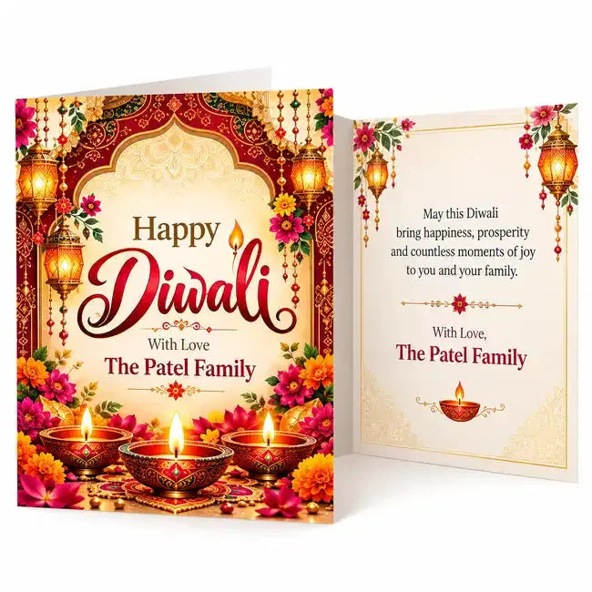 Personalised Diwali greeting card showing a red and gold Happy Diwali front with custom family name and a matching interior with personalised message and floral decorations.