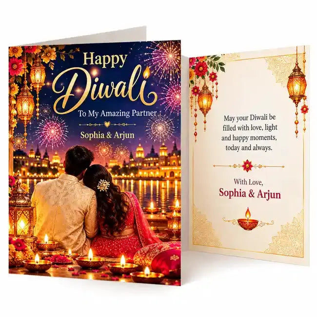 Romantic personalised Happy Diwali greeting card for partner with couple overlooking festive fireworks, traditional diyas and custom names.