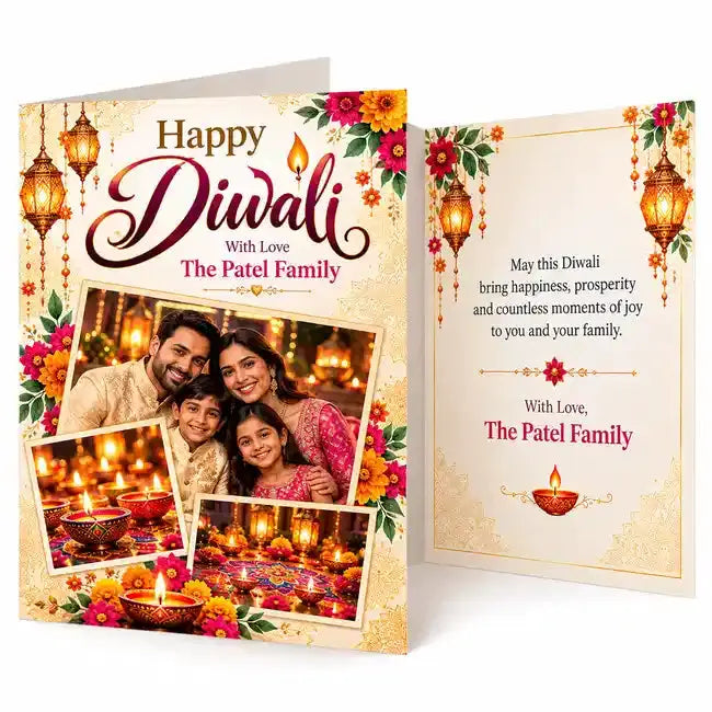 Personalised Diwali folding photo card with three-picture family collage, Happy Diwali greeting, colourful flowers, glowing diyas and custom family name.