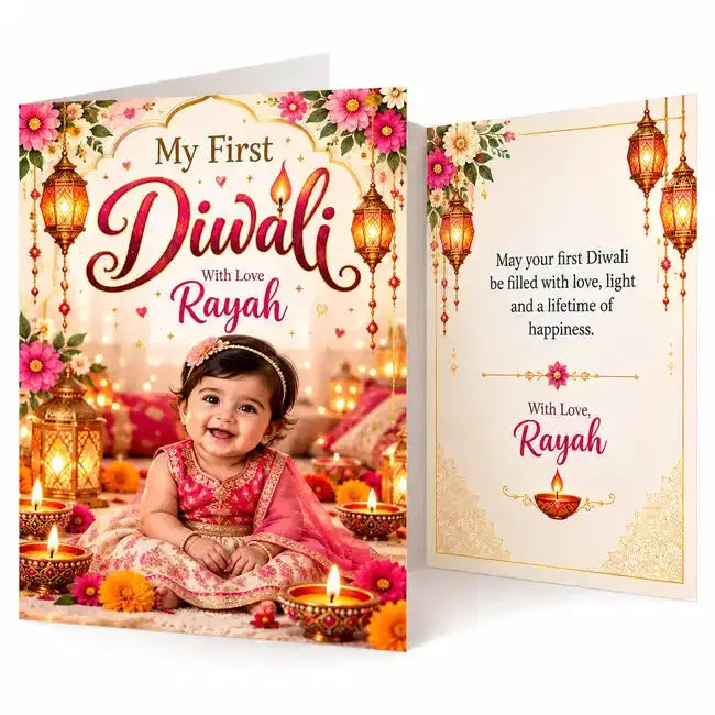 Personalised My First Diwali folding photo card featuring baby girl in festive outfit, glowing diyas, hanging lanterns, floral decorations and custom name.