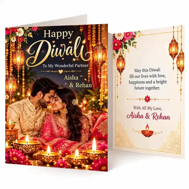 Personalised Happy Diwali folding greeting card showing colourful rangoli, glowing diyas, golden lanterns, floral decorations and a custom family greeting.