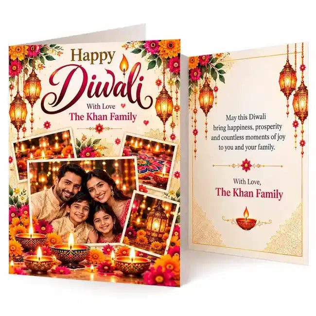 Personalised Diwali folding greeting card with four-photo collage, family portrait, festive lanterns, glowing diyas, colourful flowers and custom family name.
