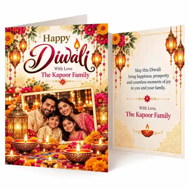 Personalised Diwali folding greeting card featuring a family photograph, Happy Diwali lettering, golden lanterns, glowing diyas and custom family name.