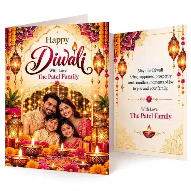Personalised Diwali folding greeting card with family photo in decorative gold arch, glowing diyas, hanging lanterns and custom family name.