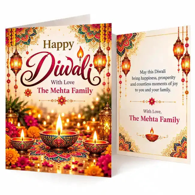 Personalised Diwali folding greeting card featuring three glowing diyas, colourful mandala patterns, golden lanterns and custom family name.