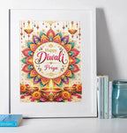 Personalised Diwali mandala framed print with colourful floral patterns, Happy Diwali greeting, custom name, glowing diyas and white frame.