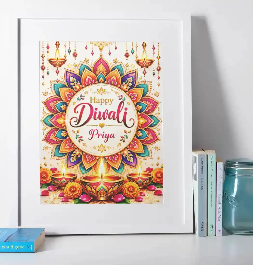 Personalised Diwali mandala framed print with colourful floral patterns, Happy Diwali greeting, custom name, glowing diyas and white frame.