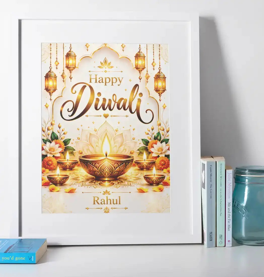 Personalised Diwali gold diya print in a white frame, featuring golden Happy Diwali lettering, glowing oil lamps, hanging lanterns and custom name.
 Copy