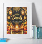 Personalised Diwali black and gold family print in a white frame, featuring glowing golden lanterns, Happy Diwali lettering, traditional diyas and custom family name.
