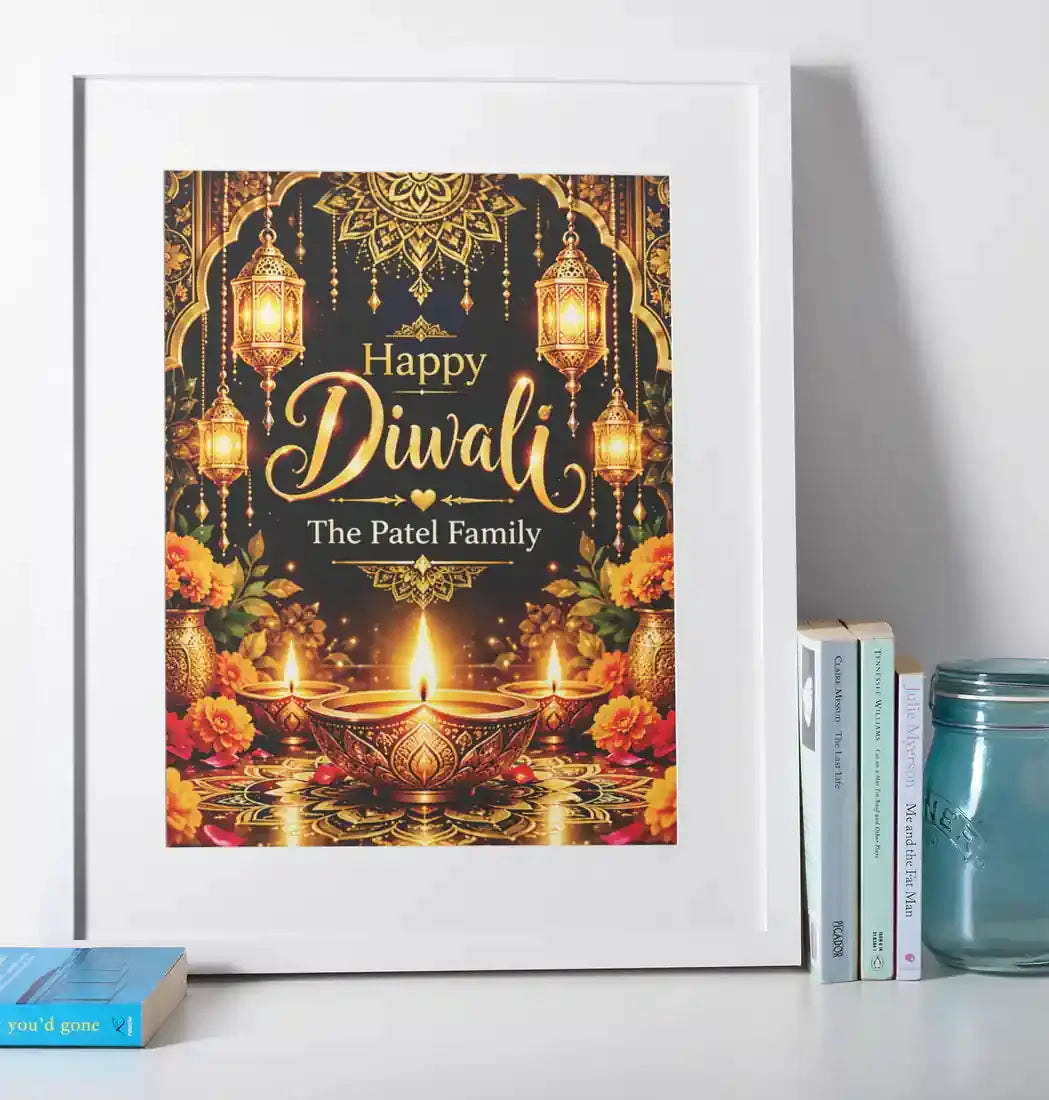 Personalised Diwali black and gold family print in a white frame, featuring glowing golden lanterns, Happy Diwali lettering, traditional diyas and custom family name.
