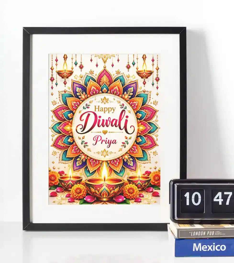 Personalised Happy Diwali mandala wall art with vibrant pink, turquoise and purple floral patterns, festive oil lamps, gold detailing and custom name.