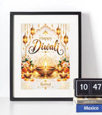 Personalised Diwali gold diya wall art in a black frame, with elegant gold festive lettering, traditional glowing diyas, lotus flowers and custom name.
 Copy