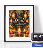 Personalised Happy Diwali family name wall art in a black frame, with gold festive lettering, illuminated lanterns, marigold flowers and ornate diya decorations.