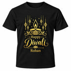 Black personalised Happy Diwali T-shirt with gold traditional lamp design, decorative hanging ornaments and custom name underneath.