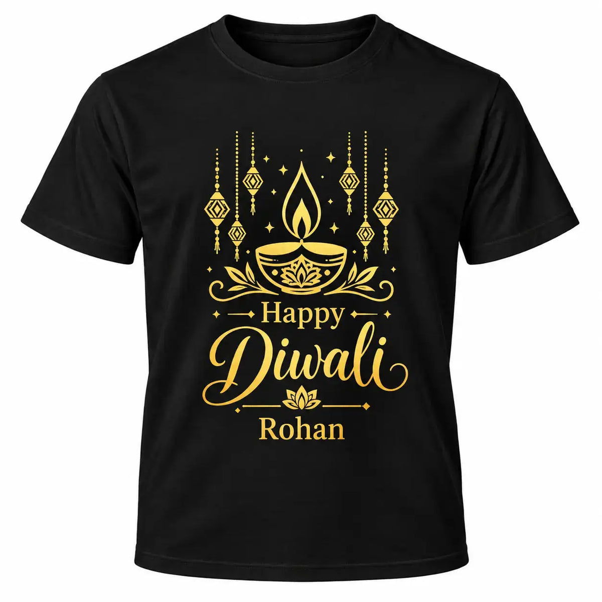 Black personalised Happy Diwali T-shirt with gold traditional lamp design, decorative hanging ornaments and custom name underneath.