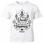 White personalised Diwali T-shirt with black happiness quote, diya and lantern illustrations and custom name underneath.