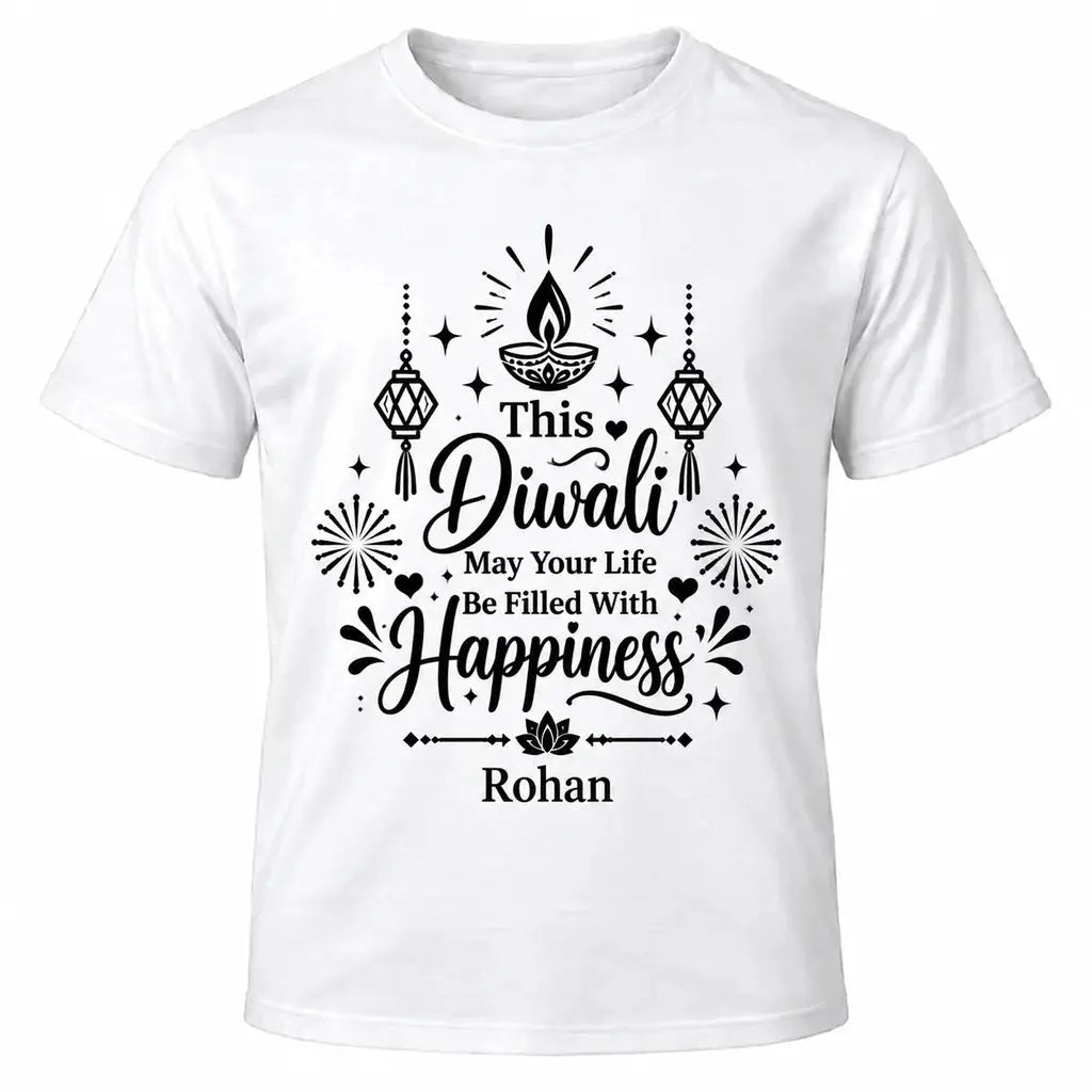 White personalised Diwali T-shirt with black happiness quote, diya and lantern illustrations and custom name underneath.