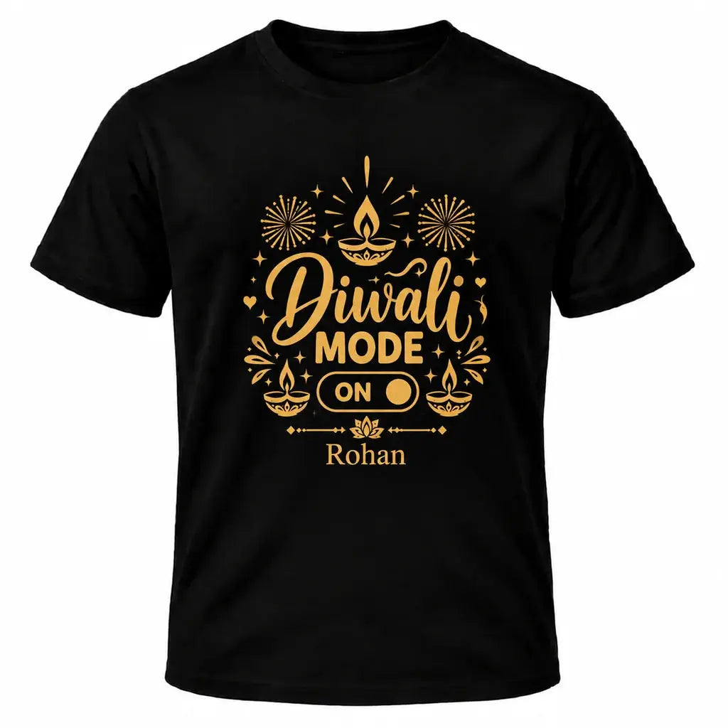 Black personalised Diwali Mode ON T-shirt with gold diya and fireworks design, ON switch graphic and custom name underneath.