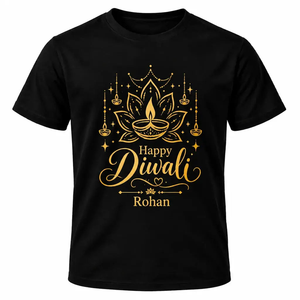 Black personalised Happy Diwali T-shirt featuring gold lotus and diya artwork, hanging festive lamps and a custom name beneath the design.