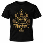 Black personalised Diwali T-shirt with gold Festival of Lights happiness message, festive diya artwork and custom name.