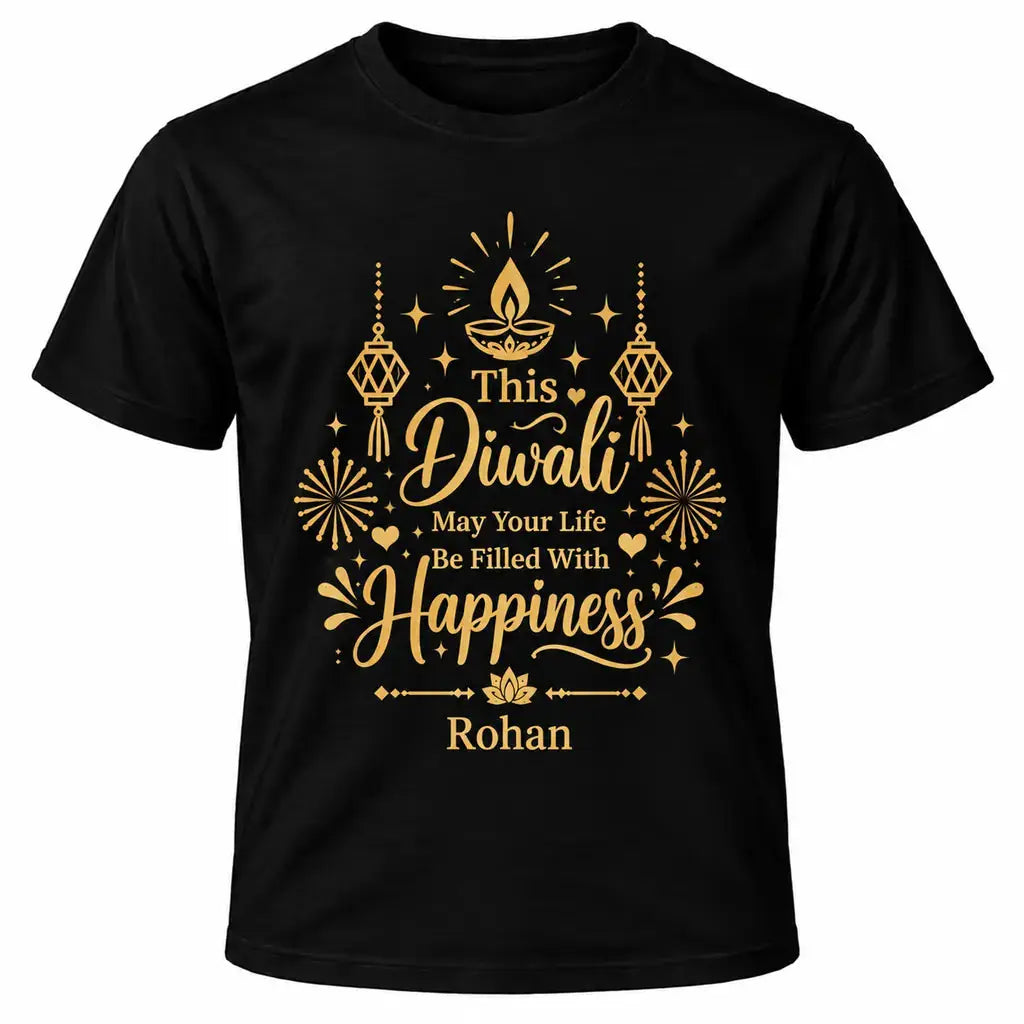 Black personalised Diwali T-shirt with gold Festival of Lights happiness message, festive diya artwork and custom name.