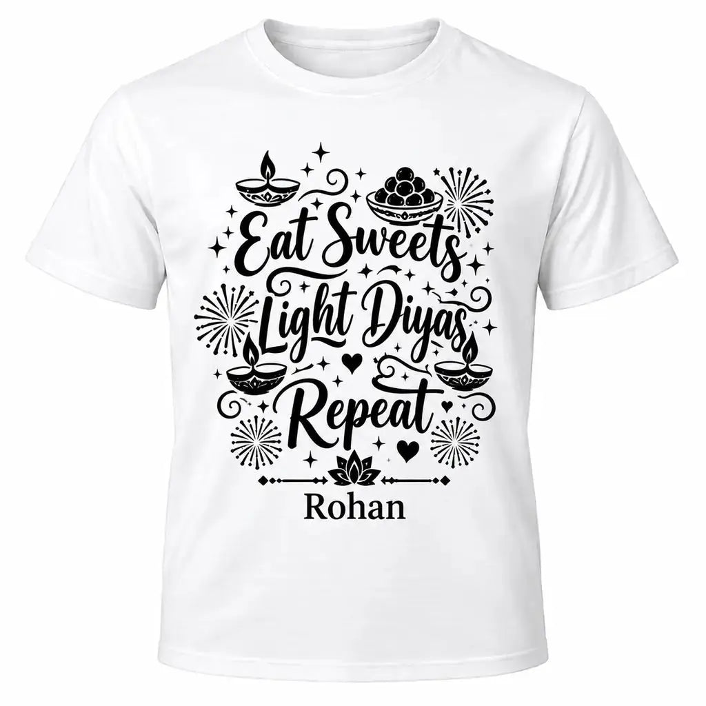 White personalised Diwali T-shirt featuring black Eat Sweets Light Diyas Repeat lettering, festive diyas, Indian sweets and custom name.