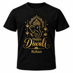 Black personalised Diwali Ganesha T-shirt featuring gold Lord Ganesha artwork, Happy Diwali lettering and a custom name printed beneath the design