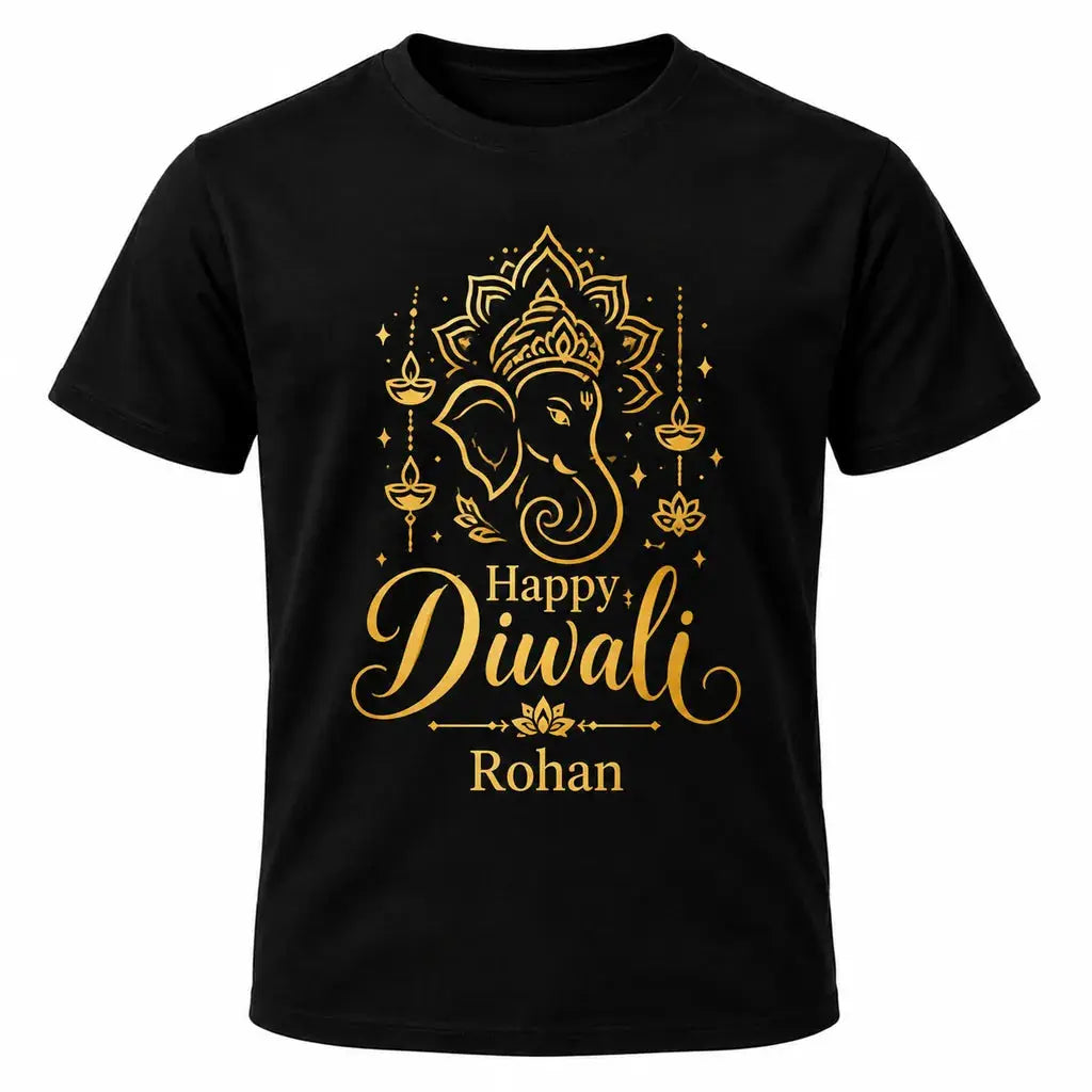 Black personalised Diwali Ganesha T-shirt featuring gold Lord Ganesha artwork, Happy Diwali lettering and a custom name printed beneath the design