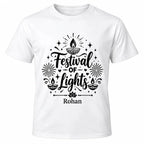 White personalised Diwali Festival of Lights T-shirt with black lettering, decorative diyas, fireworks, stars and custom name Rohan underneath.