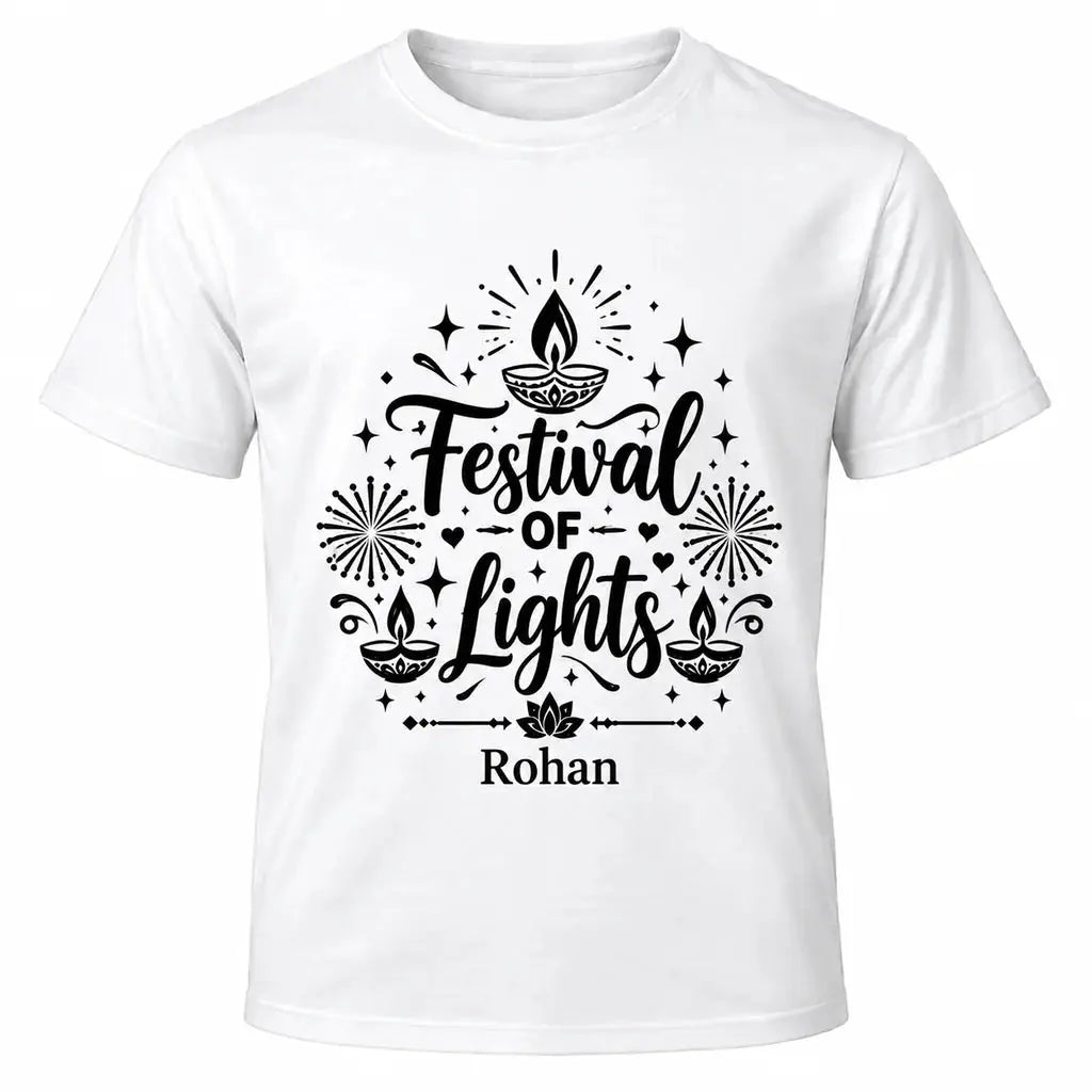 White personalised Diwali Festival of Lights T-shirt with black lettering, decorative diyas, fireworks, stars and custom name Rohan underneath.
