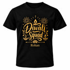 Black personalised Diwali Squad T-shirt with gold-coloured slogan, custom name, fireworks and traditional Diwali lamp illustrations