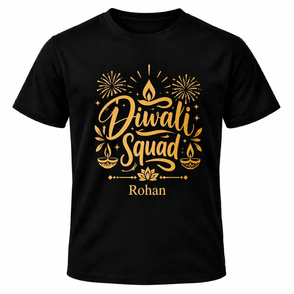 Black personalised Diwali Squad T-shirt with gold-coloured slogan, custom name, fireworks and traditional Diwali lamp illustrations