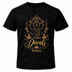 Black personalised Happy Diwali T-shirt with gold Lord Ganesha illustration, decorative festive lamps and custom name Rohan underneath.