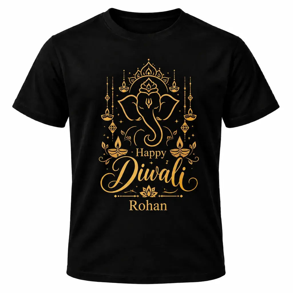 Black personalised Happy Diwali T-shirt with gold Lord Ganesha illustration, decorative festive lamps and custom name Rohan underneath.
