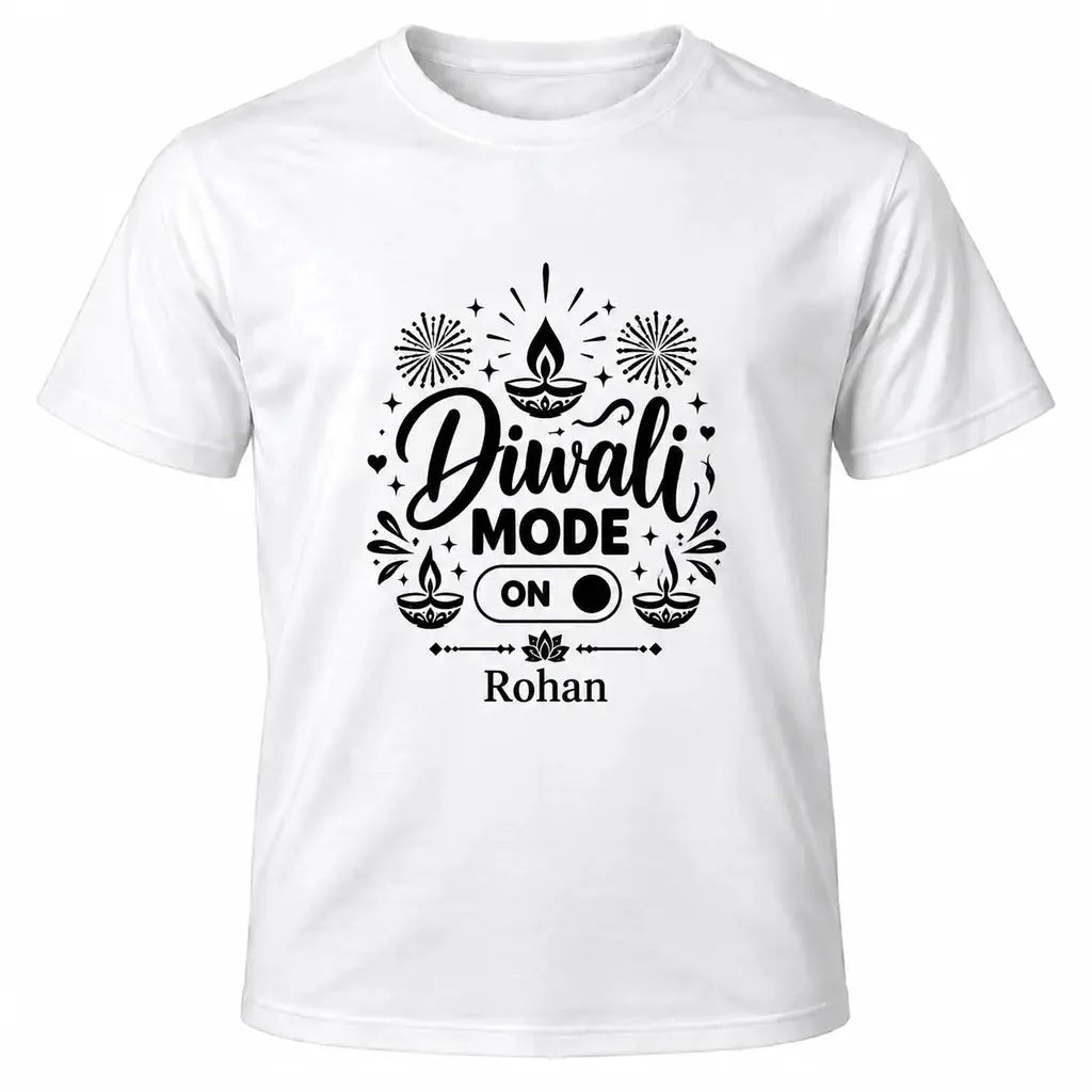 White personalised Diwali Mode ON T-shirt with black festive lettering, diya illustrations, ON switch and personalised name.
