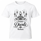 White personalised Happy Diwali T-shirt with black festive lettering, traditional lamp, hanging decorations and custom name Rohan.