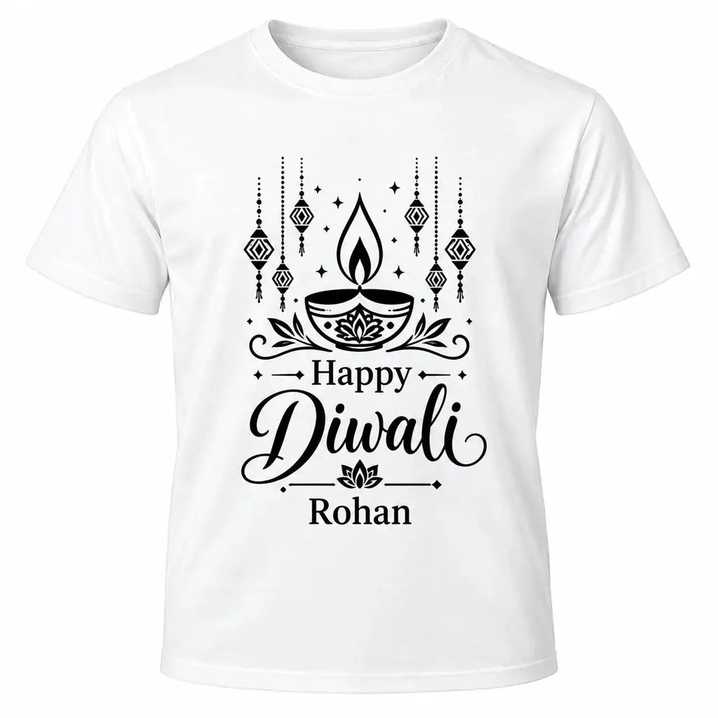 White personalised Happy Diwali T-shirt with black festive lettering, traditional lamp, hanging decorations and custom name Rohan.