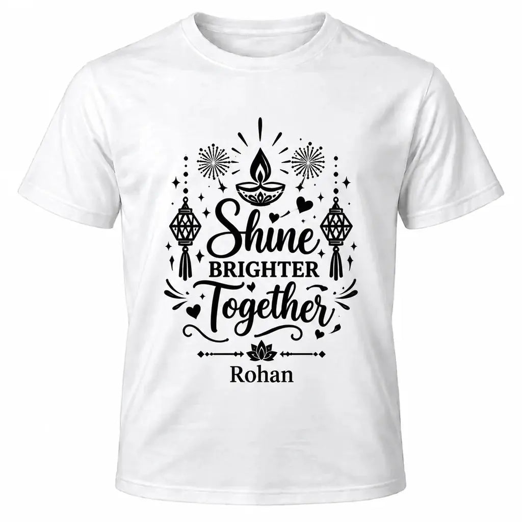 White personalised Diwali T-shirt with black Shine Brighter Together lettering, diya lamps, hanging lanterns, fireworks and custom name beneath